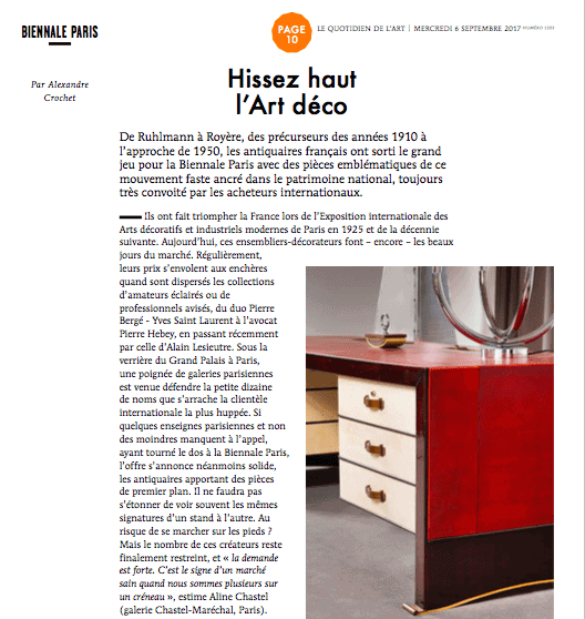 Le Quotidien de l’Art, mercredi 6 septembre 2017, « Hissez Haut l’Art déco », La Biennale Paris