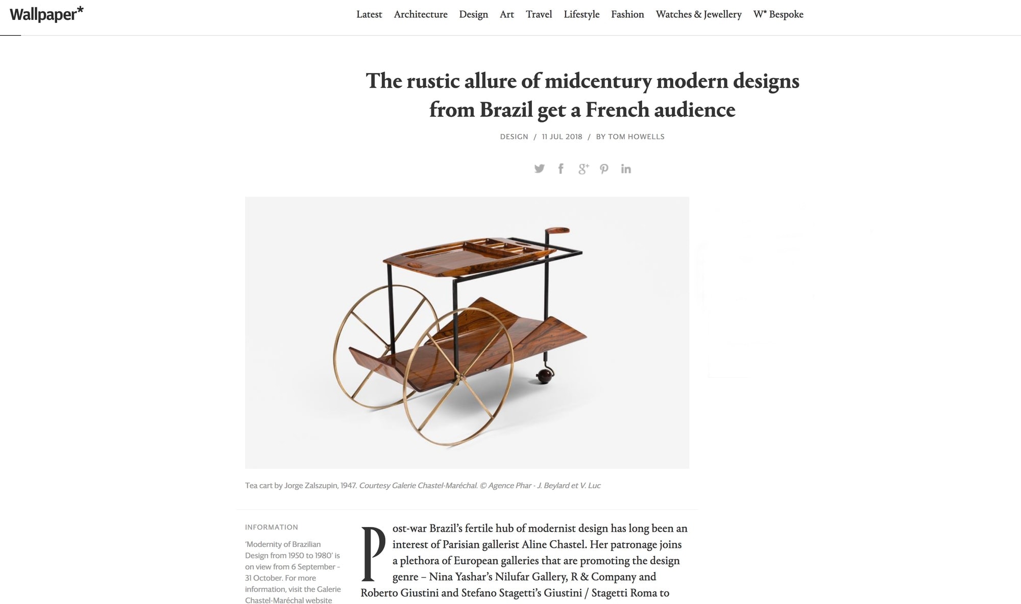 Wallpaper – The rustic allure of midcentury modern designs from Brazil get a French audience – July 2018