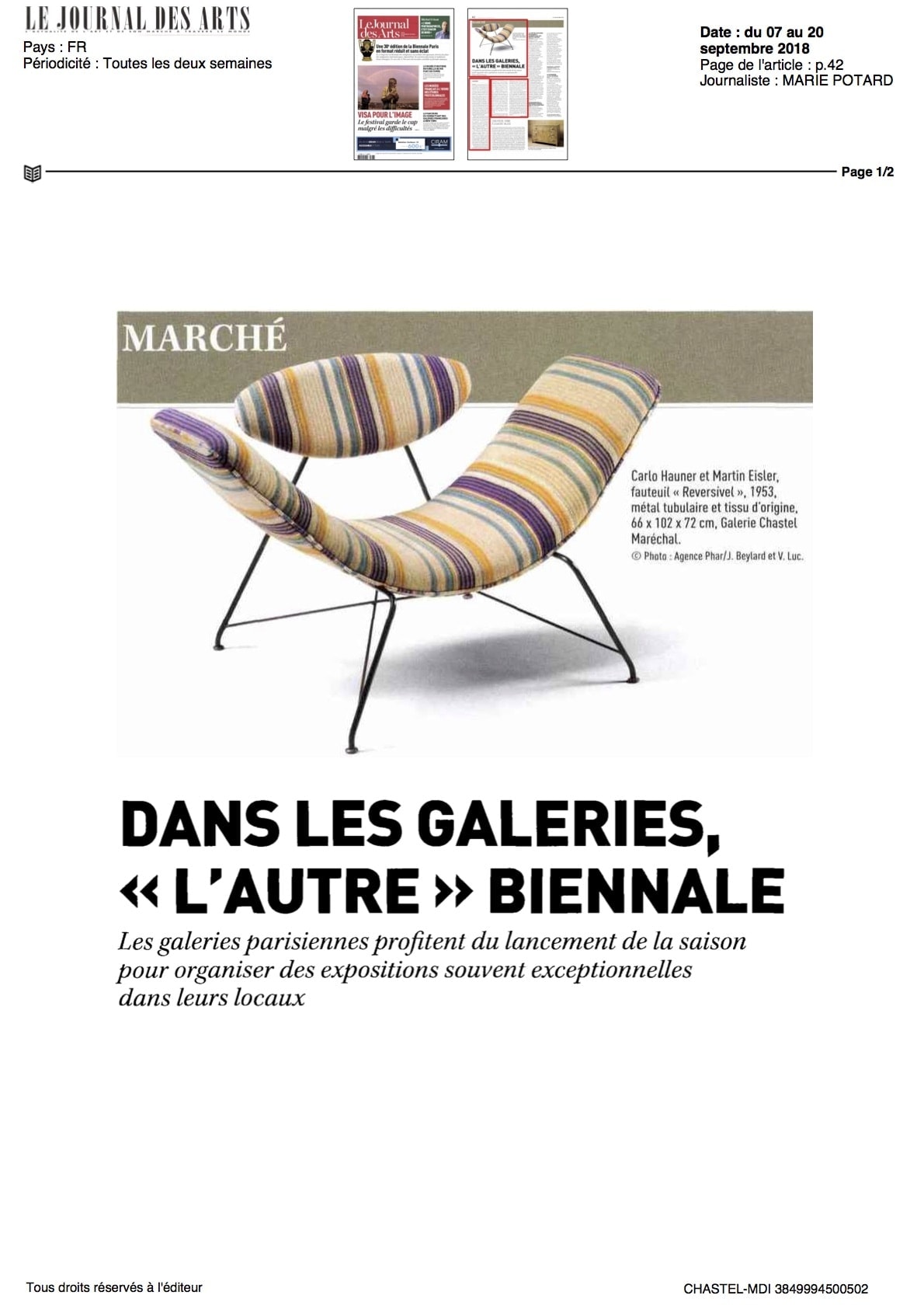 Le journal des arts – Dans les galeries, “l’autre” Biennal – Septembre 2018